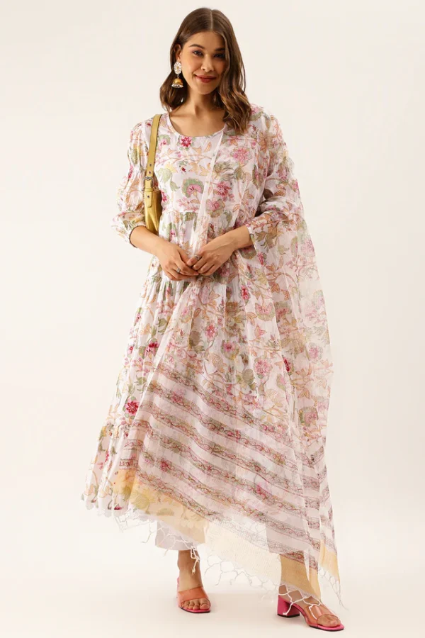 Floral Anarkali Kurta Set-Pure Cotton Hand Block Print Tiered Dress with Pants and Dupatta