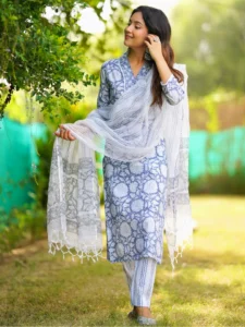 Blue Floral Pure Cotton Straight Kurta Set-Hand Block Print Ethnic Women's Suit