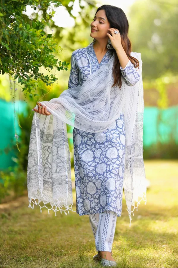 Blue Floral Pure Cotton Straight Kurta Set-Hand Block Print Ethnic Women's Suit