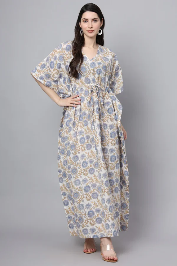 cotton kaftan in floral hand block print.summer dress beach, coverup