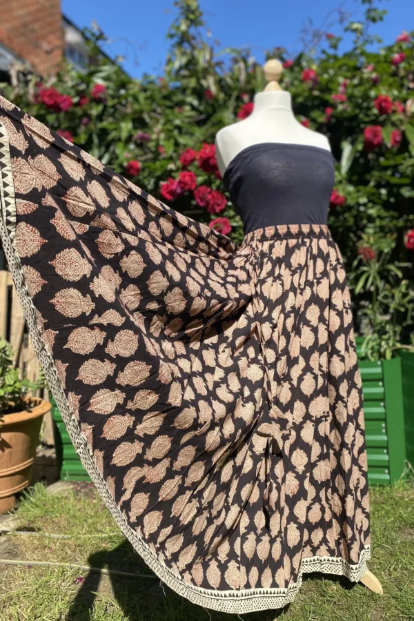 summer long skirt in pure cotton hand block print black boho skirt