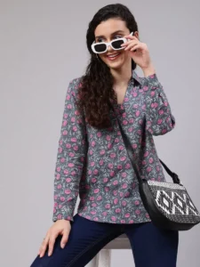 floral long sleeve tunic in pure cotton