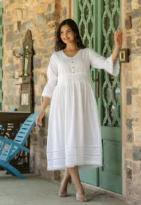 white cotton summer dress with lace inserts