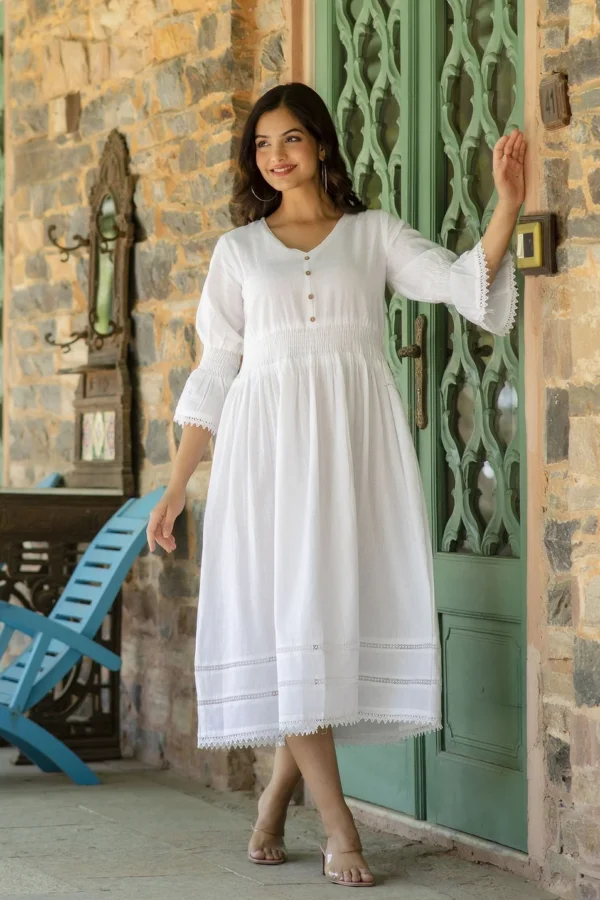 white cotton summer dress with lace inserts